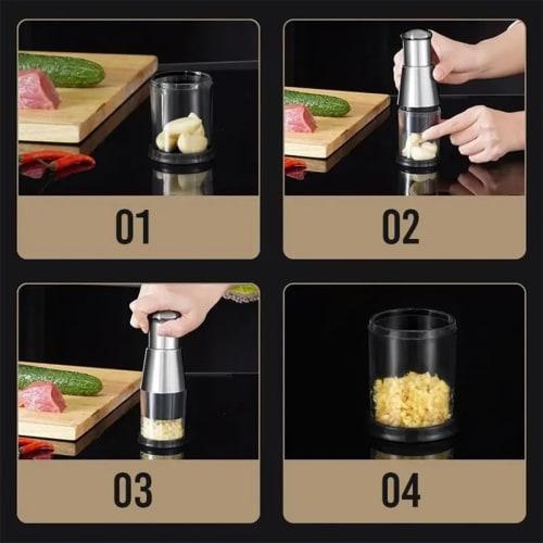 DIYBravo Garlic Press, Push-Type Garlic Crusher, Garlic Cutter with 1 Small Spoon, Stainless Steel Blocking Cup, for Onions, Ginger, Garlic, Chili Pep