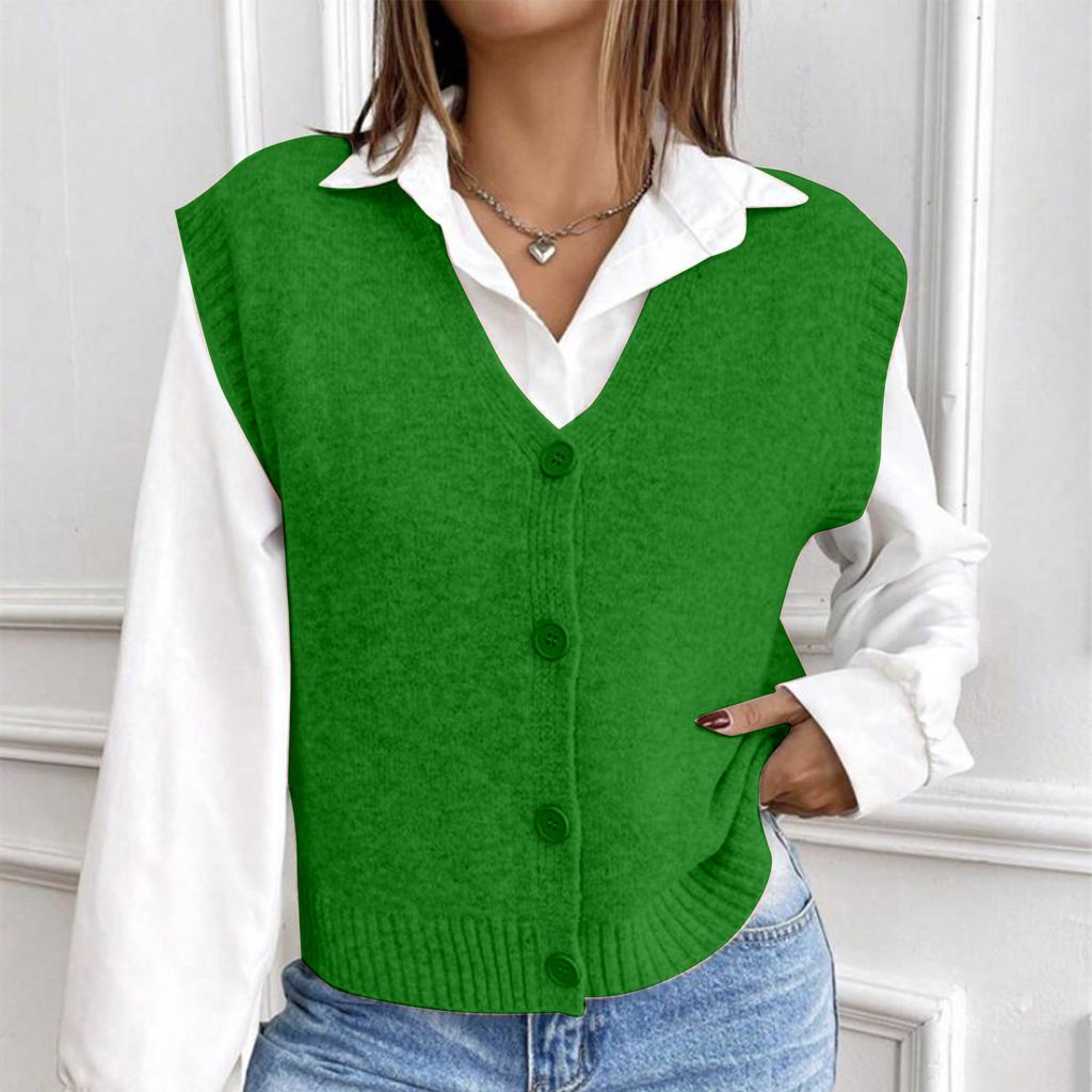 Women's Loose Knitted Vest V-Neck Solid Color Sweater