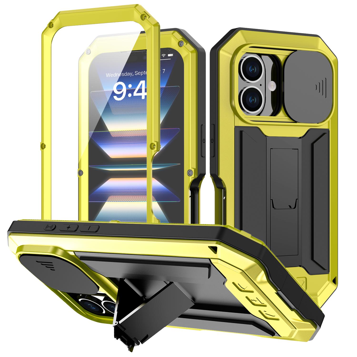 

R-JUST For iPhone 16 Plus Kickstand Case Silicone+Metal+PC+Tempered Glass Screen Film Phone Cover Yellow