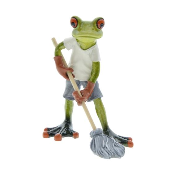 Mopping Cartoon Frog Figurine Doing Resin Statue Housework Frog Sculpture Home Office