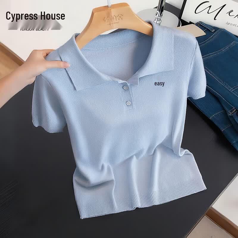 Women s Embroidered Lapel Short Sleeve Knit Top One Size