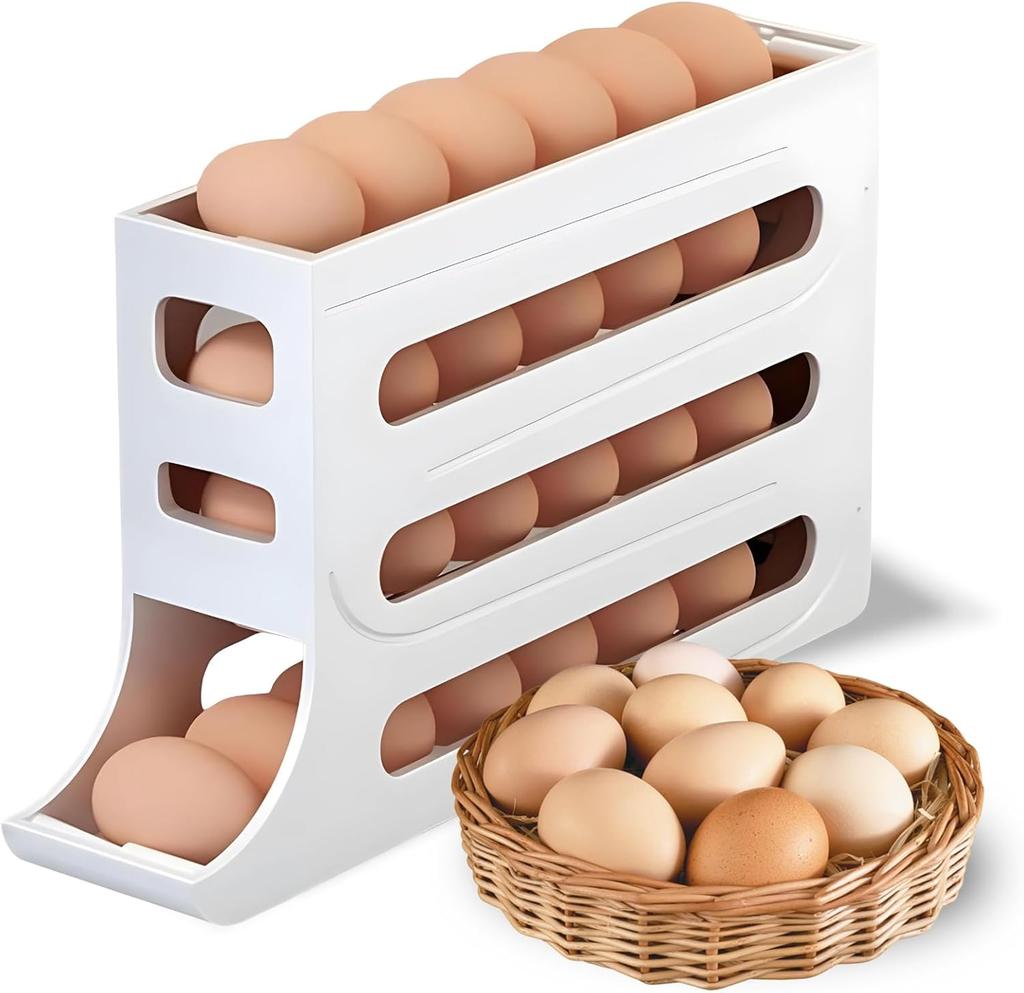 30 Egg Refrigerator Holder - Automatic Rolling Refrigerator Egg Organizer, Space Saving Egg Dispenser, 4 Tier Egg Holder Organiz