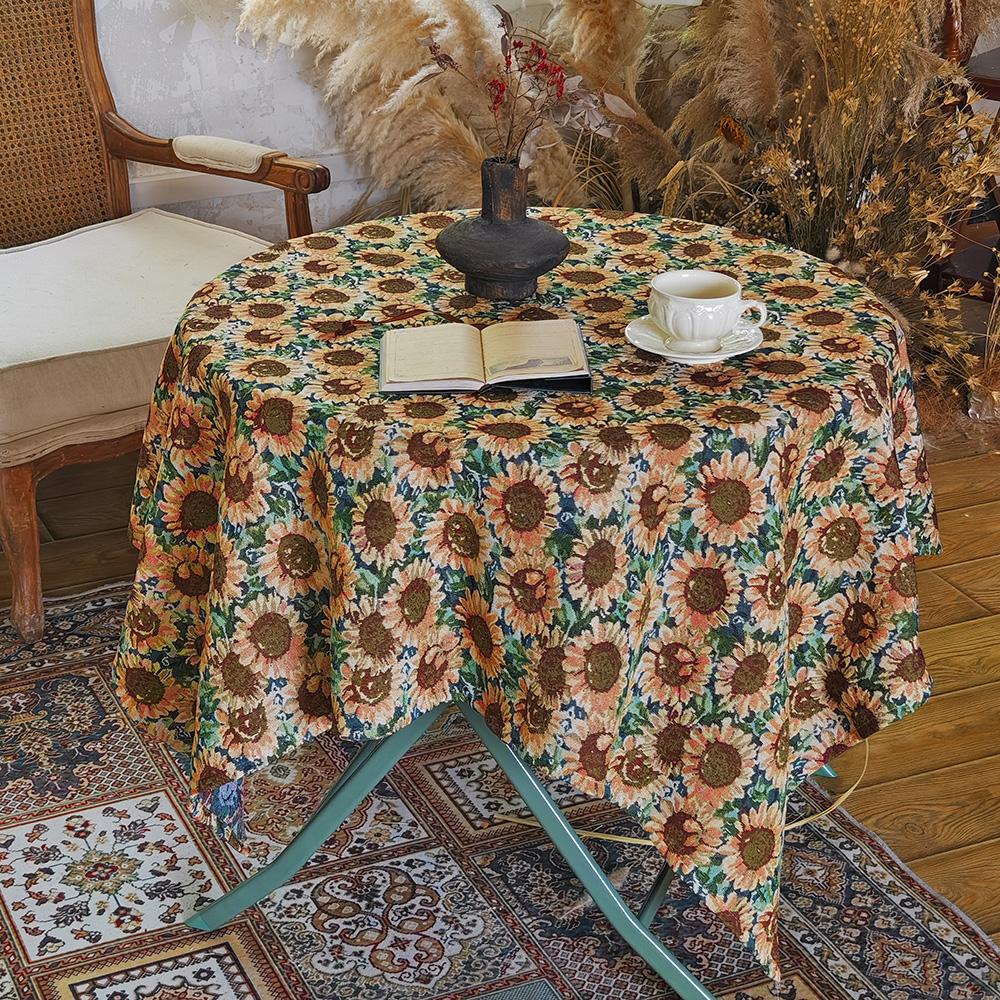 

1 PC American Countryside Style Sunflower Round Table Tablecloth, Decorated With Retro Polyester Fiber Rectangular Thick Dust-Pr 90*140cm