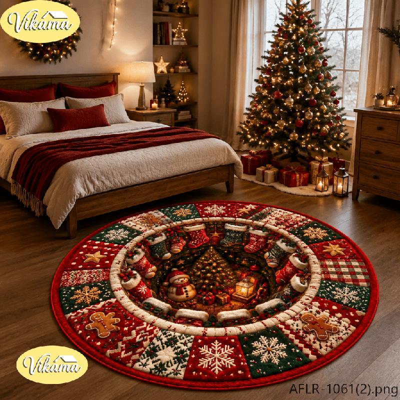 3D Round Christmas Rug Non Slip Living Room Decorative Carpet Sofa Coffee Table Rug Washable Bedroom Festive Home Decor