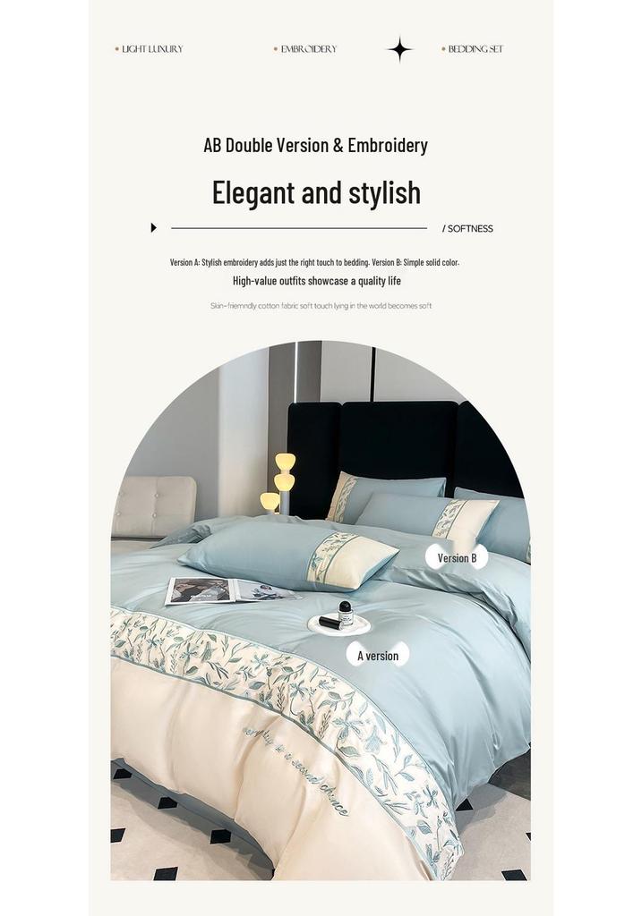 Light Luxury 100% Long-Staple Cotton Embroidered Bedding Set - High-End Four-Piece Pure Cotton for All Seasons.