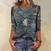 Trendy Vintage 3/4 Sleeve Top For Women,Ladies Casual Three Quarter Sleeve Round Collar Printed T-Shirt Blouse
