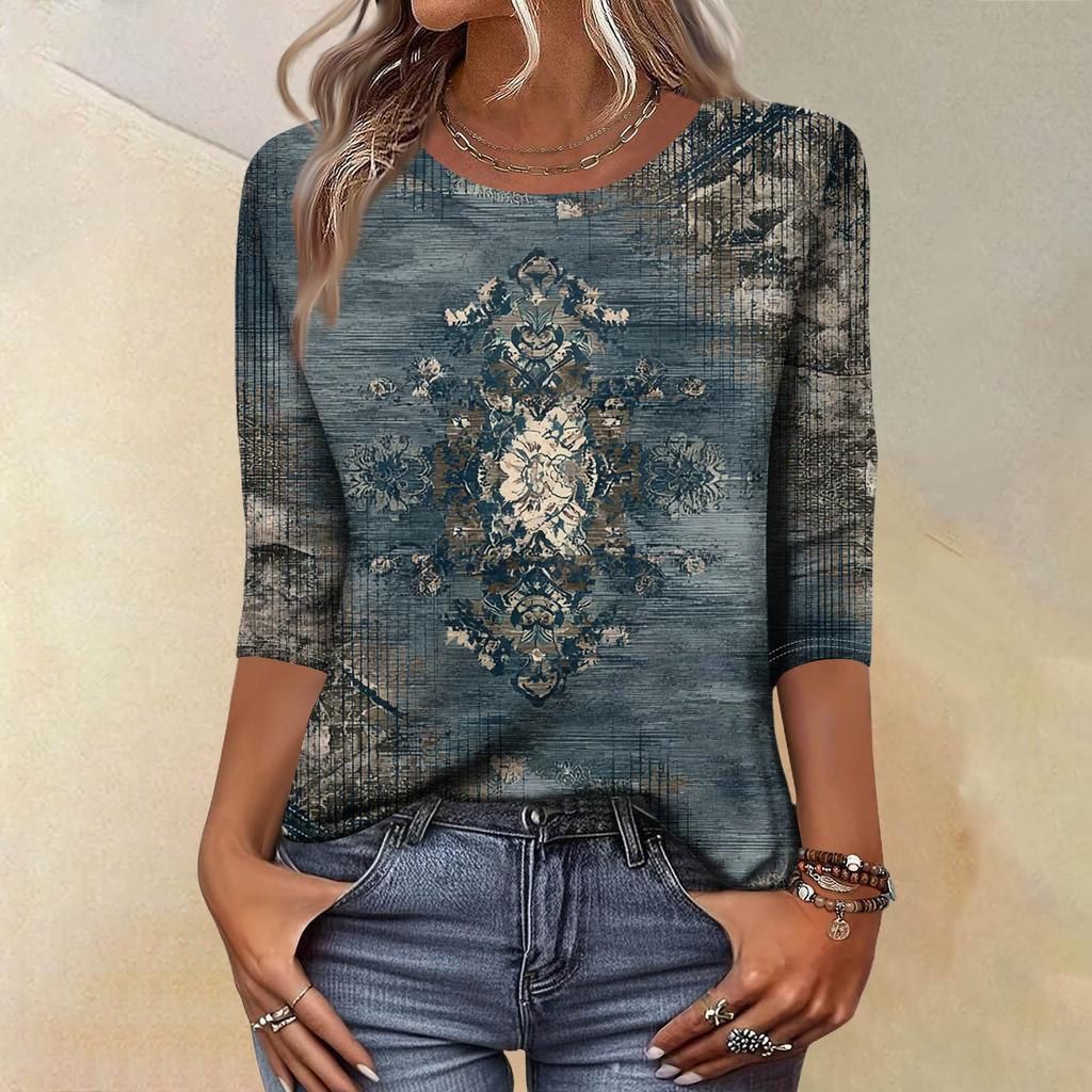 Trendy Vintage 3/4 Sleeve Top For Women,Ladies Casual Three Quarter Sleeve Round Collar Printed T-Shirt Blouse
