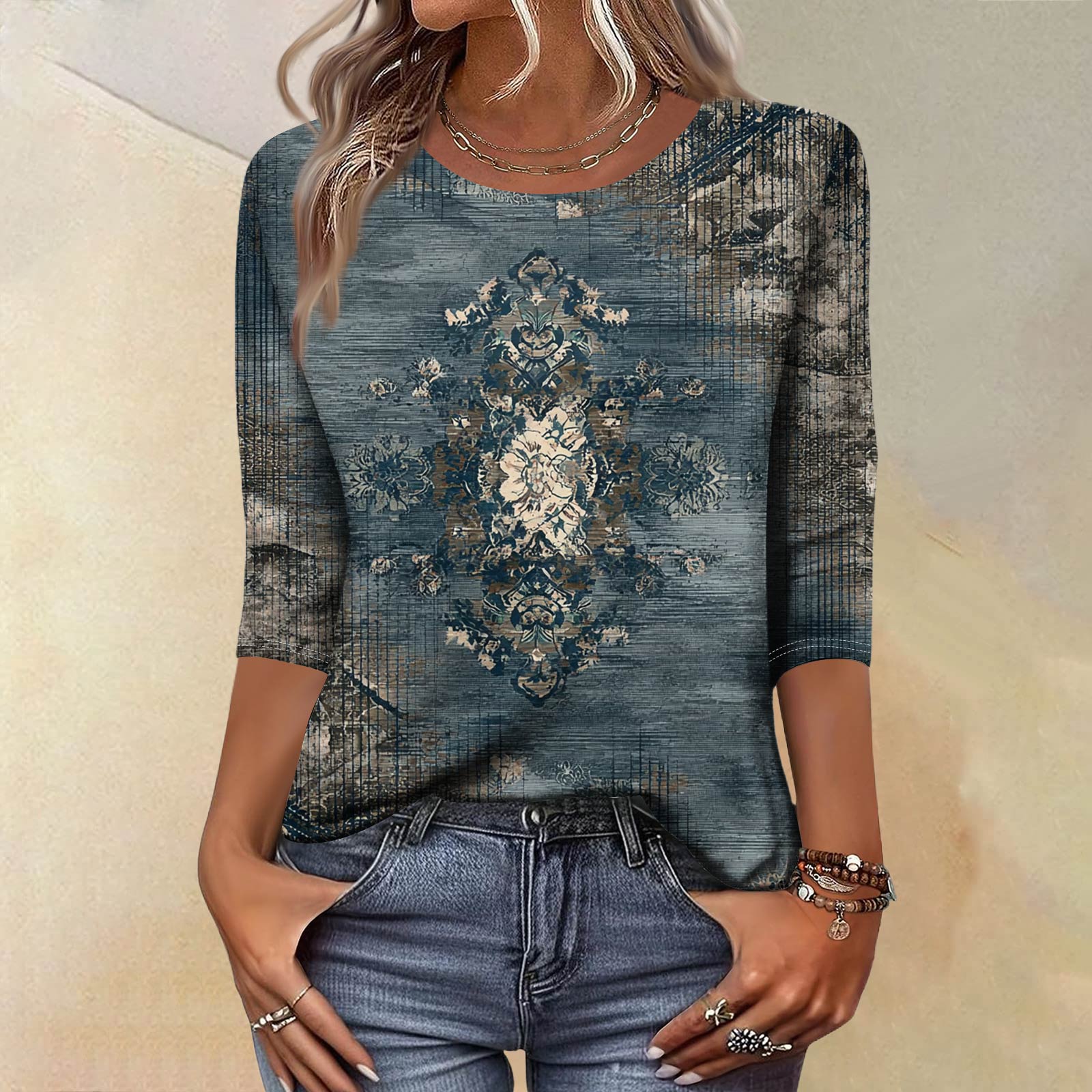 

Trendy Vintage 3/4 Sleeve Top For Women ,Ladies Casual Three Quarter Sleeve Round Collar Printed T-Shirt Blouse XXXL