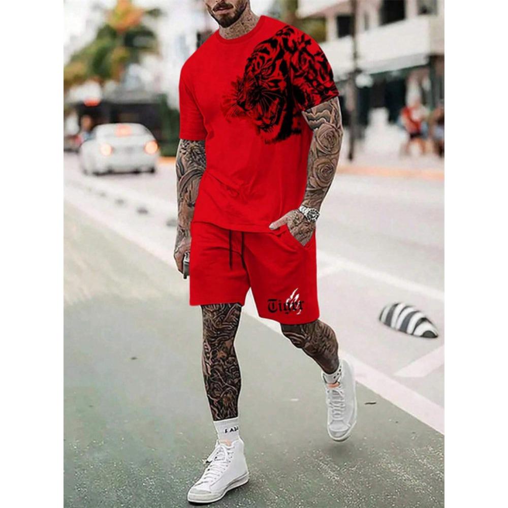 New Crew Neck Short Sleeve T-shirt Fashion Shorts Set 3D Lion Print Short Sleeve Shorts 2-piece Men's Summer Sports Set