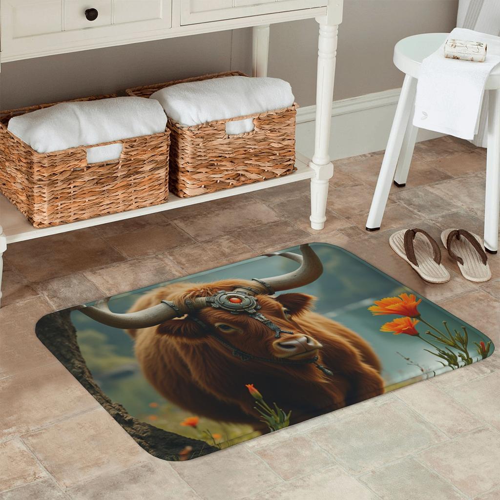 1PC Hightland Cow Pattern Kitchen Rug Non-Slip Door Mat Pop Design Bathroom Rug Bath Mat Carpet for Home Sink Laundry Decor