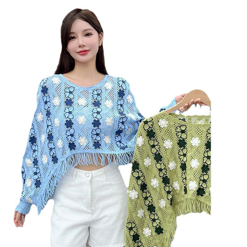 Women's Retro Knit Cardigan - Embroidered Tassel, Hollow Out Design, Loose Fit Sweater for Early Autumn