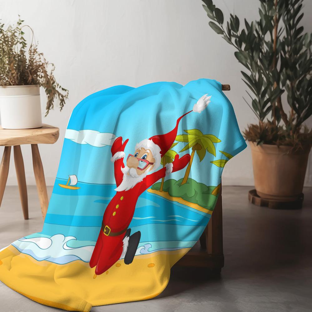 Santa Claus Beach Throw Blanket Christmas Reindeer Holiday Home Decor Festival Gift Cozy Warm Soft Flannel Fleece Blanket 75x90cm