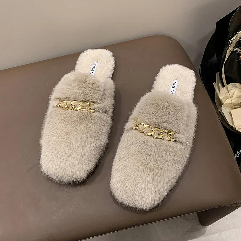 Fashion Women Slippers 2024 Autumn/winter Plush Fluffy Slippers New Korean Outdoor Fashion Cotton Shoes Metal Decorative Warm Flat Shoes