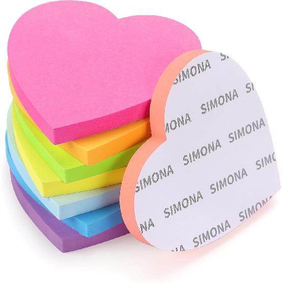 SIMONA Heart Shape Sticky Notes 8 Color Bright Colorful Sticky Pad 75 Sheets/Pad Self-Sticky Note Pads