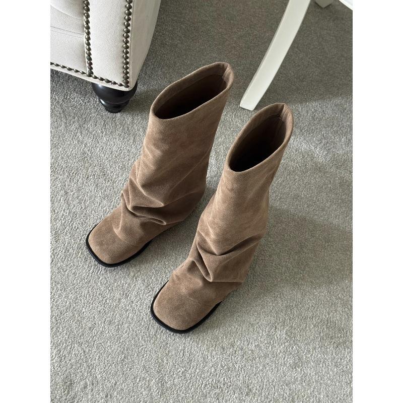 Cashmere niche suede pleated trouser tube boots women's medium tube stacking boots square head western boots knight boots