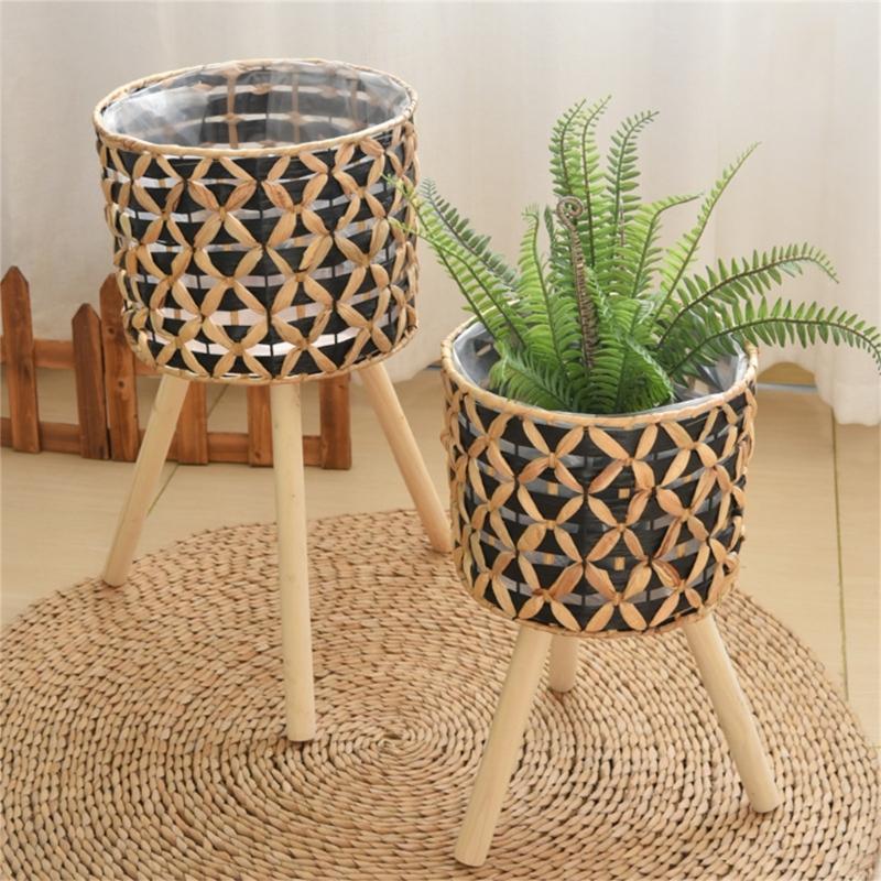 Wood Legged Gourd Grass Plant Stand for Indoor Outdoor Display Hand Woven Planter Basket Flower Pots Storage Container