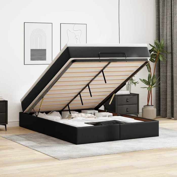 VidaXL Ottoman Bed Frame with Mattress Black 140x200 Cm Faux Leather, Bed Frame with Storage, Bed Frame with 3311041