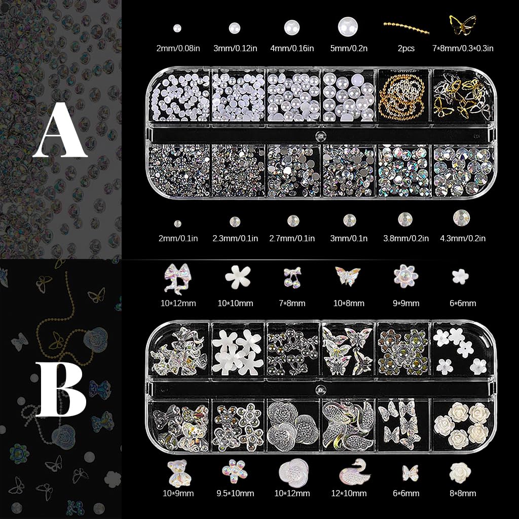 MAYCREATE 3D Nail Charms Crystal Nail Gems for Art,Crystal Bow Art Gems Flat Jewels Decorations Aurora Flowers Chains Stuff for Decoration Design D