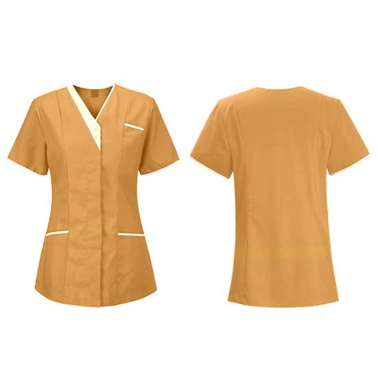 V-Neck Short Sleeve Hospital Nurse Tops Patchwork Color Pockets Buttons Neckline Tops Dental Surgery Tops Workwear