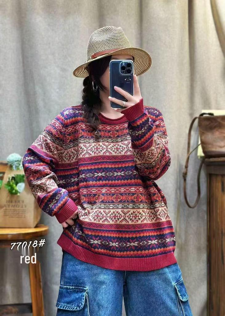Women's Korean Style Jacquard Sweater: Loose Casual Round Neck Knit Pullover for Autumn/Winter