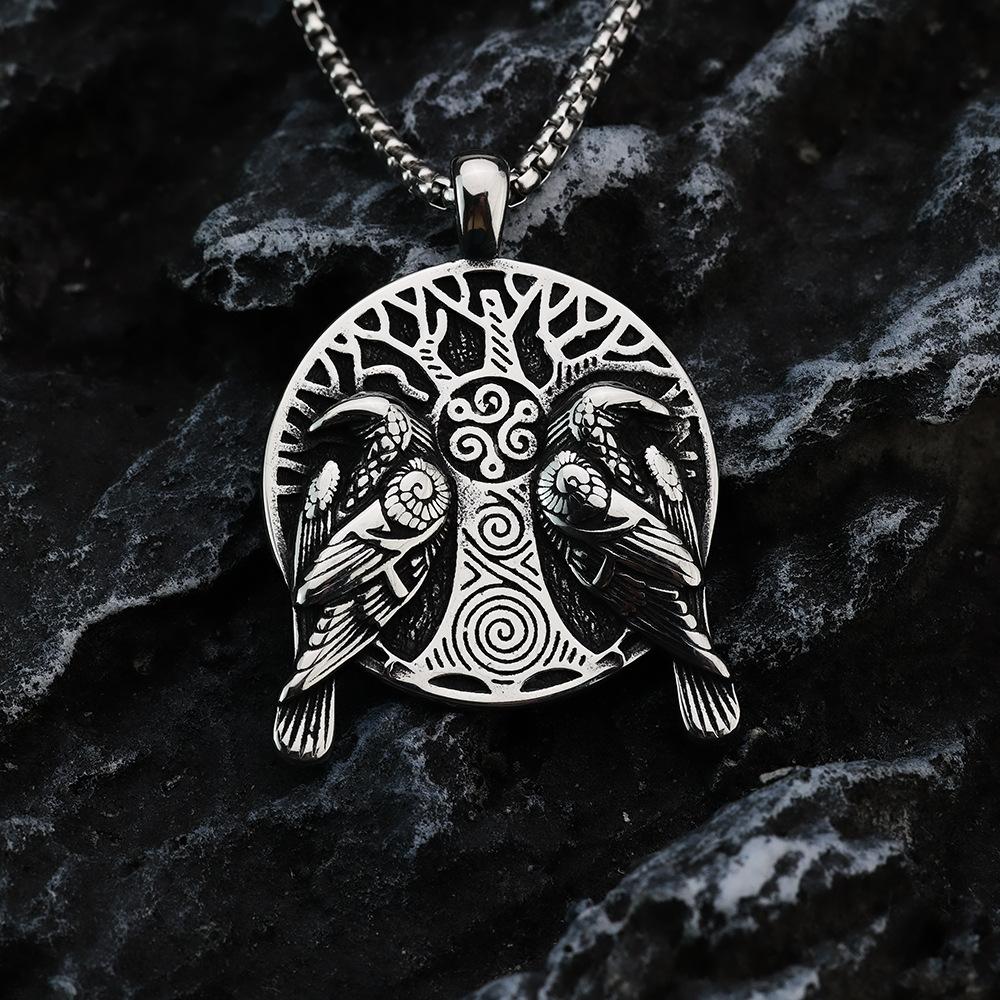 Vintage Viking Double Sided Tree of Life Raven Pendant Men Stainless Steel Necklace