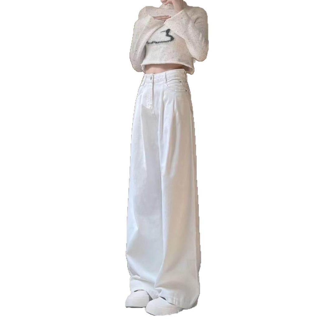 Women's White Wide-Leg Jeans, 2025 Spring/Summer, Pleated High-End, Loose Drapey Full-Length Pants.