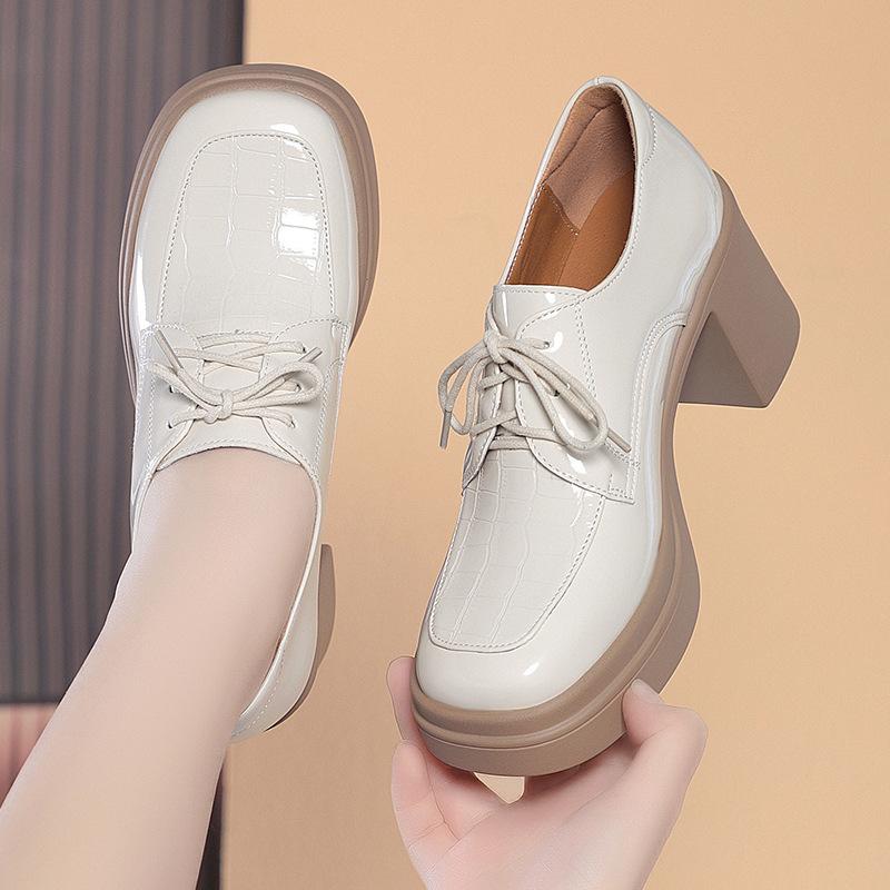 Veterschoenen, Leren Schoenen voor Lente en Herfst, Werkschoenen voor Dames, Dikke Hakken, Plateau Hoge Hakken