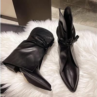 Fashion Fashion Pointed Toe Chunky Ankle Boots Women Comfort Soft Leather PU Modern Boots for Women V Mouth Bowknot Design Botas Mujer