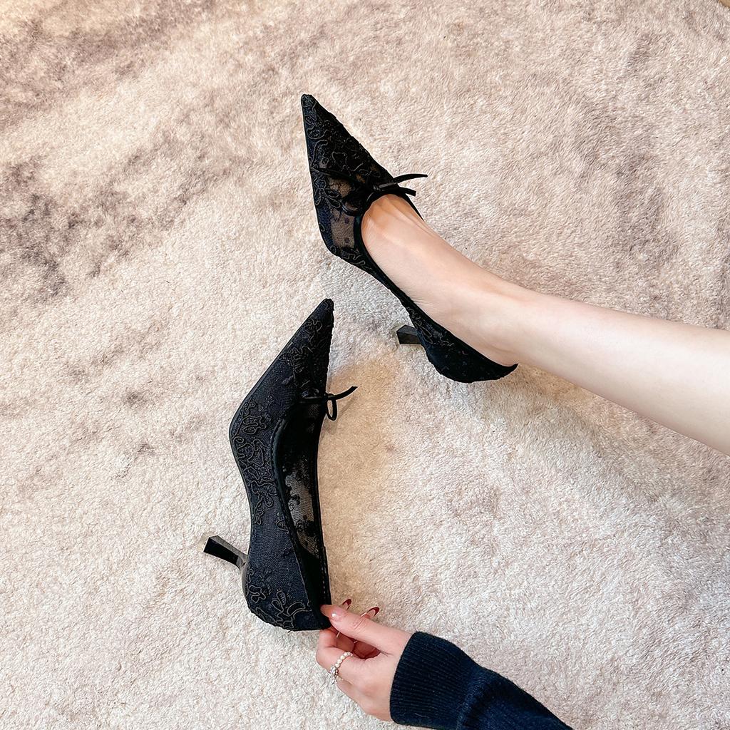 879-6 French temperament lace pointed high heels spring bow mesh stiletto banquet women's shoes bride shoes