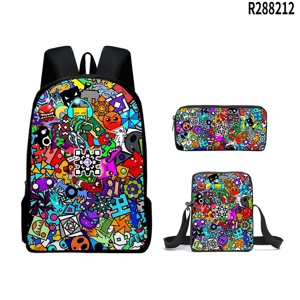 3pcs Set School Bags Kids Bags 3D New Product Geometry Dash Student Backpack Crossbody Bag Pencil Cas Bookbags