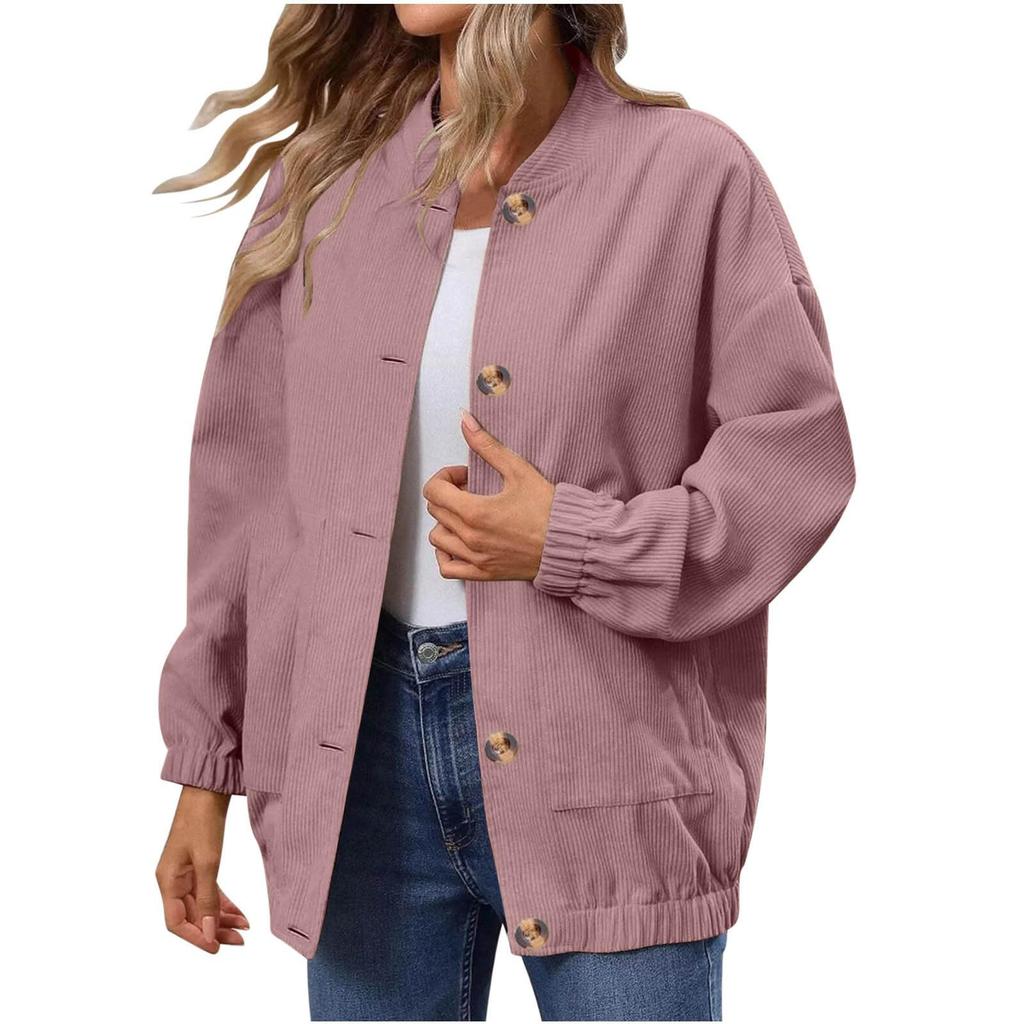 Women's Fashionable Solid Color Long Sleeved Button Jacket With Baseball Stand Up Collar Pocket Casual Jacket