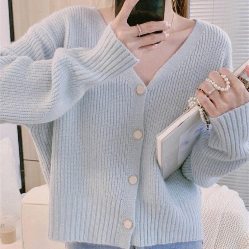 Autumn New Gentle Wind Comfortable Loose Simple Lazy Sweater Jacket Short V-neck Soft Waxy Knitted Cardigan Women