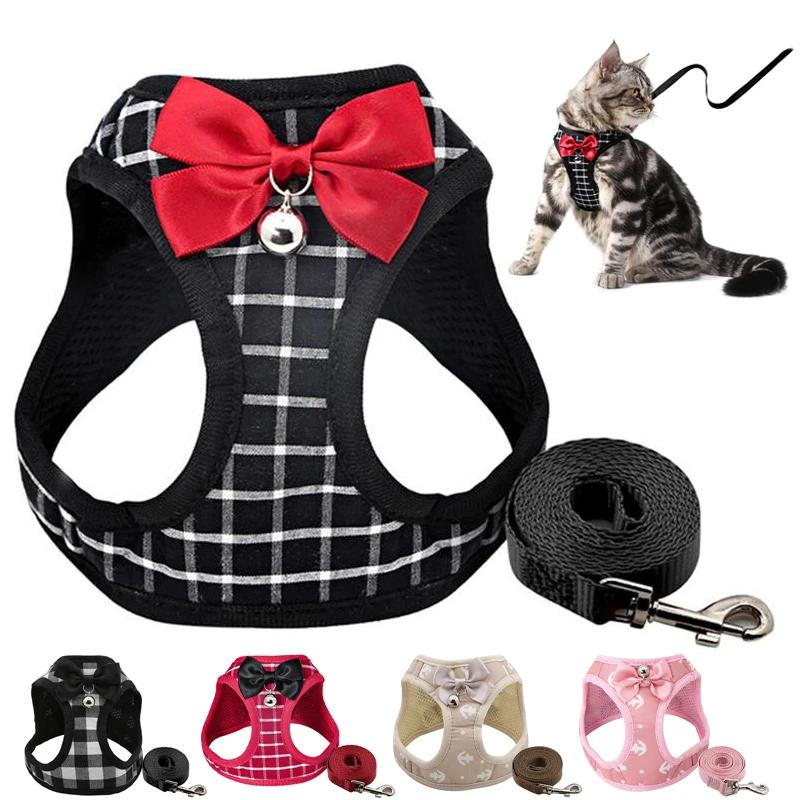 Pet Strap Leather Nylon Cat Strap Adjustable Set Breathable Bow Bell Cat Vest Kitty Dog Outdoor Cat Accessories