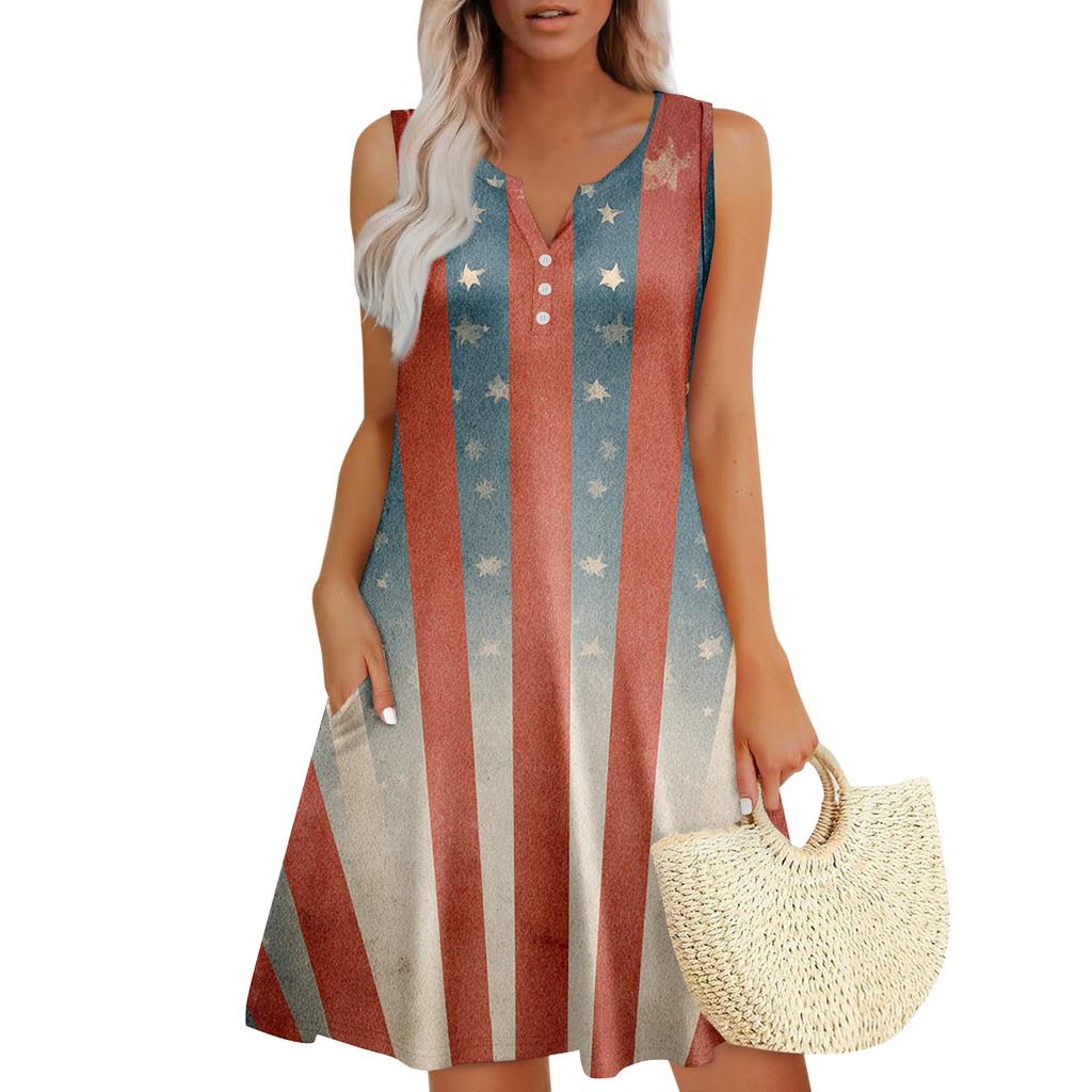 Damen Sommerkleider Lockeres V-Ausschnitt Ärmelloses Sommerkleid Kleid Mit Taschen