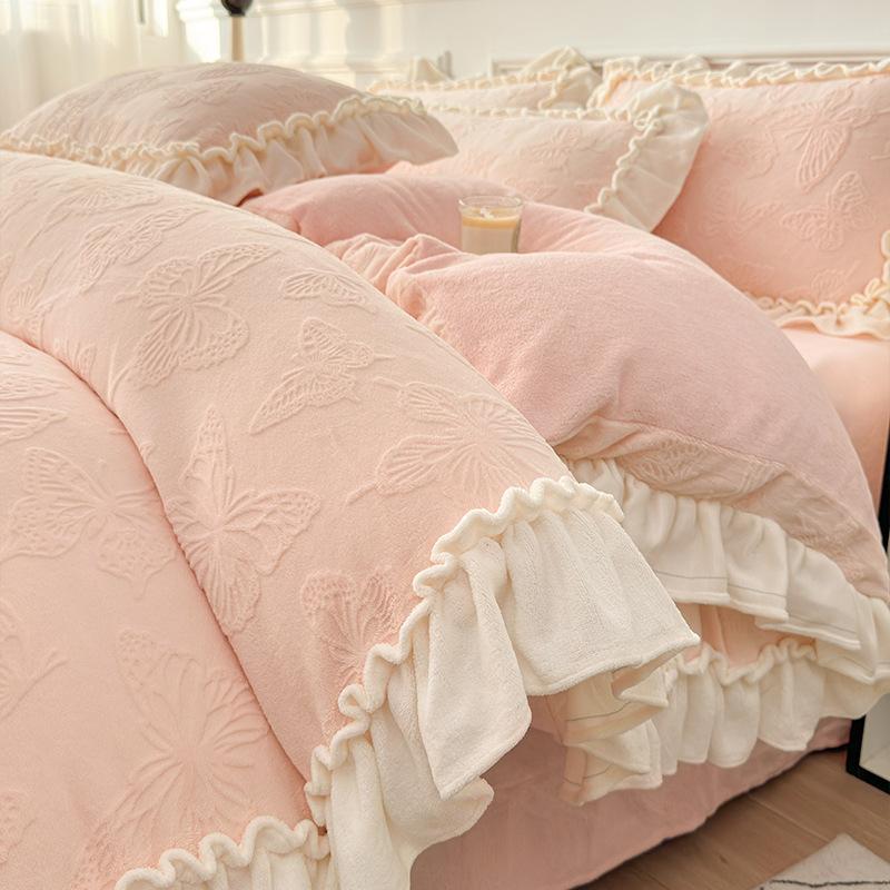 Double-Sided Thickened Milk Coral Fleece Bed Four-Piece Set Flannel Bedding Bed Skirt Fleece Sheet Quilt Cover