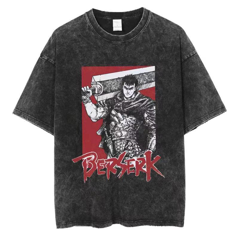 Berserk Print T-shirt Men Women Washed Vintage Japan Anime Oversize Streetwear Harajuku Summer Short Sleeve Tshirt Cotton Tops
