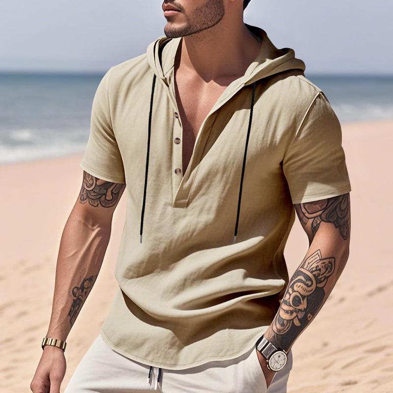 New Men's Casual Linen Hooded Henry Shirt Short-sleeved Shirt Men