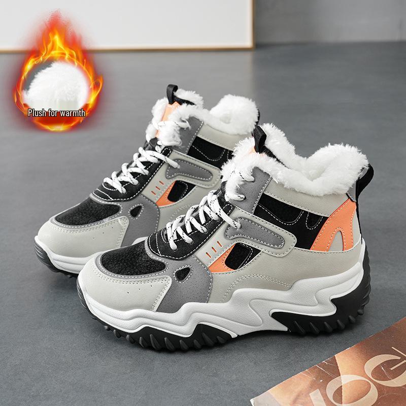 Women's 2025 Autumn White High-Top Dad Sneakers: Plus Velvet, Thick Sole, Versatile Casual Sports Shoes.