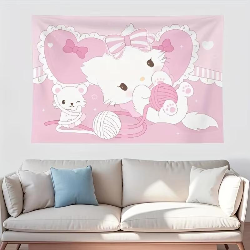 Pink Kitty Mouse Yarn Tapestry 2D Single Print Cute Home Decor Soft Accessory Charming Functional GirlThemed Attractive Durable