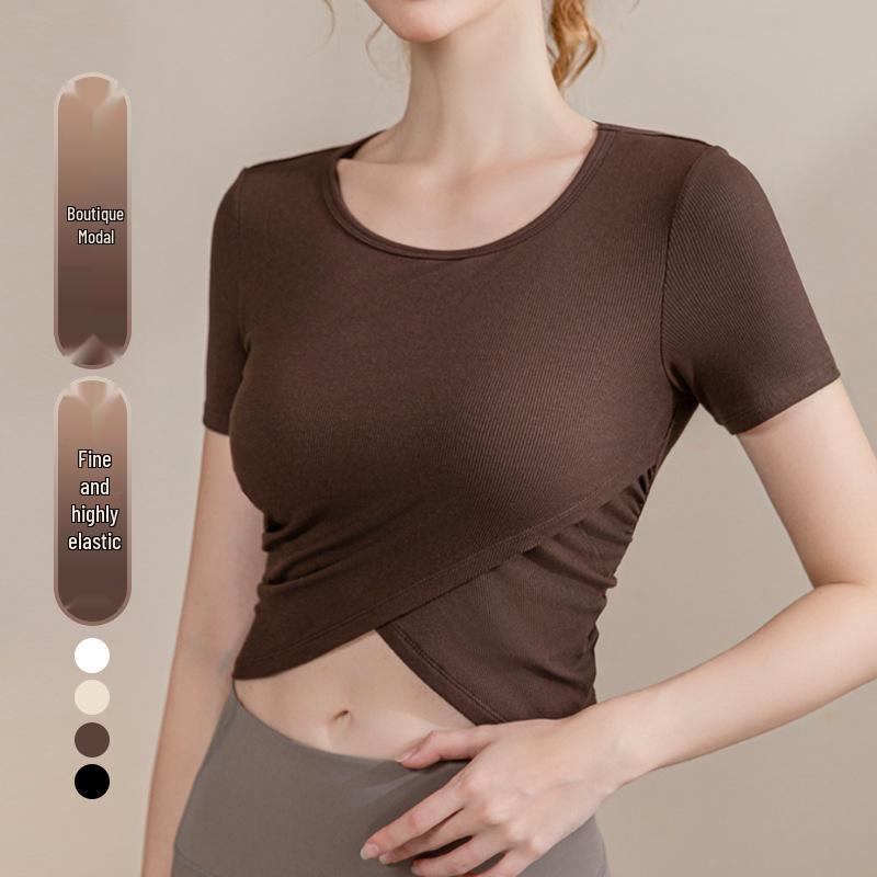 

Летний топ для йоги Lulu Nude: Короткий рукав, круглый вырез, укороченный дизайн с перекрестными лямками для бега и фитнеса. S