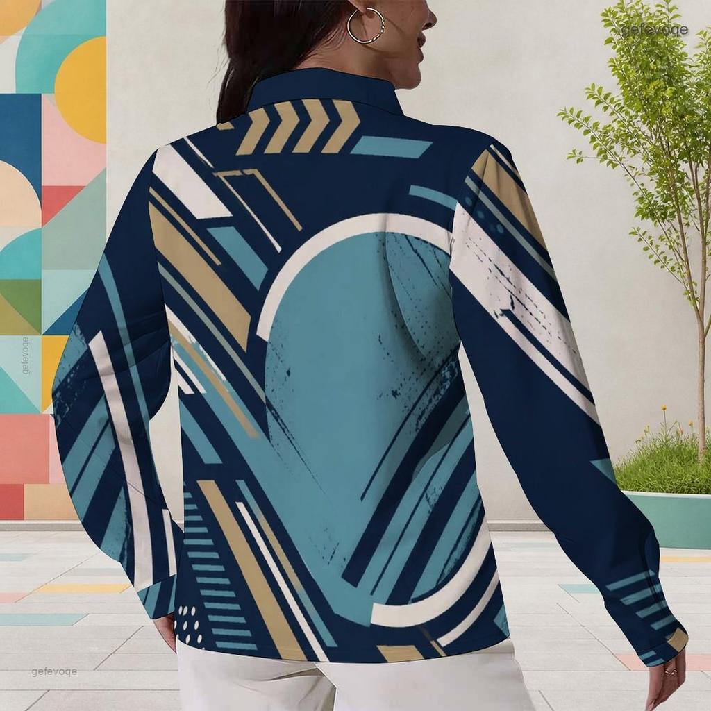 Women Plus Size Geometric Color Block Printed Collared Long Sleeve Cut Out Button Front Shirt