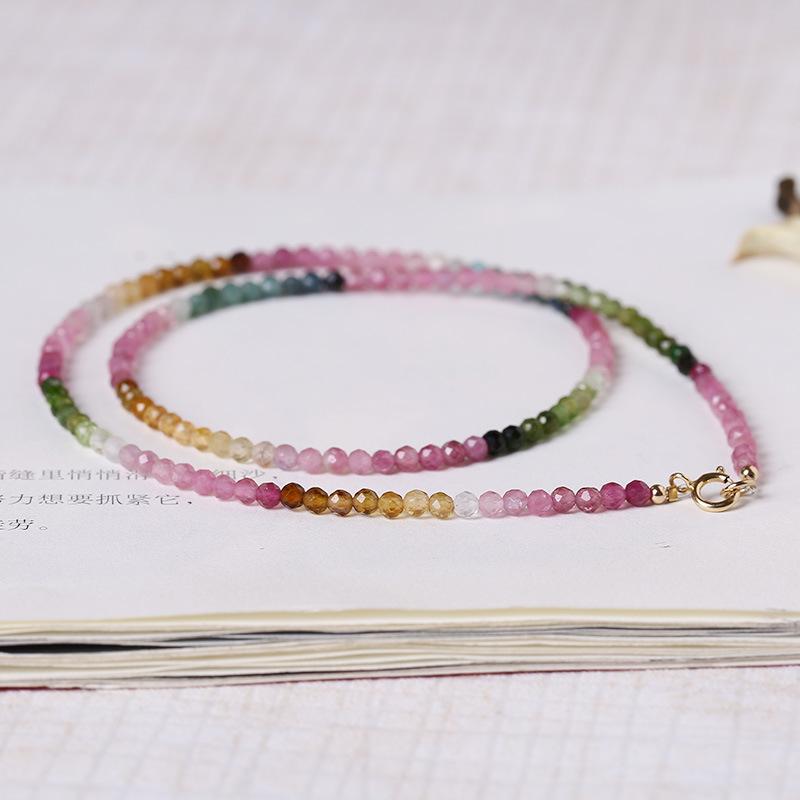 Gradient Ultra-Fine Natural Small Tourmaline Necklace for Women, Summer Collarbone Chain, Rainbow Choker, Colorful Crystal, New Chinese Style