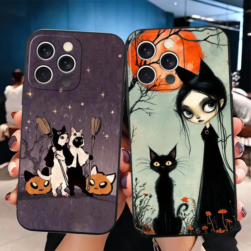Black Cat Witch Aesthetics Soft Phone Case for iPhone 16 16E 17 Air 15 Pro Max 14 Plus 13 Mini 11 12 7 Black Cover Back Shell