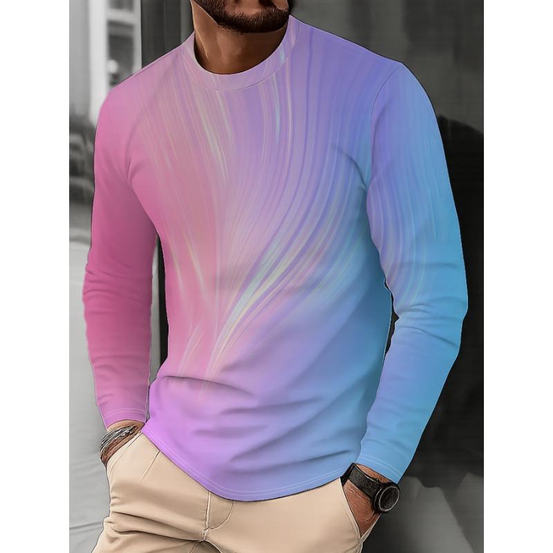 Men'S Fashion Round Neck Long Sleeve T-Shirt Trendy Gradient Color Design Casual Versatile Top