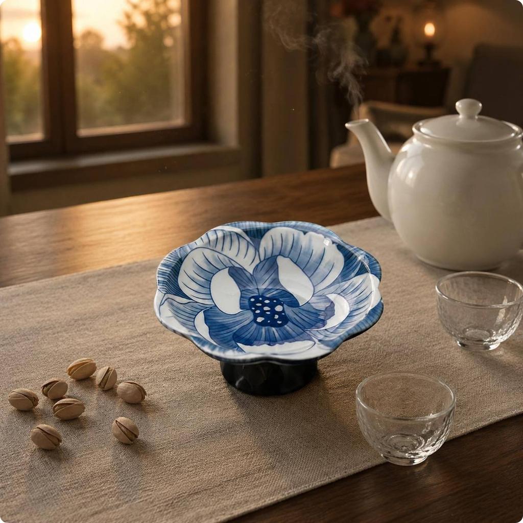 Blue and White Pedestal Bowl Decorative Porcelain Fruit Bowl Porcelain Tea Snack Plate Easy To Clean Pedestal Dessert Plate