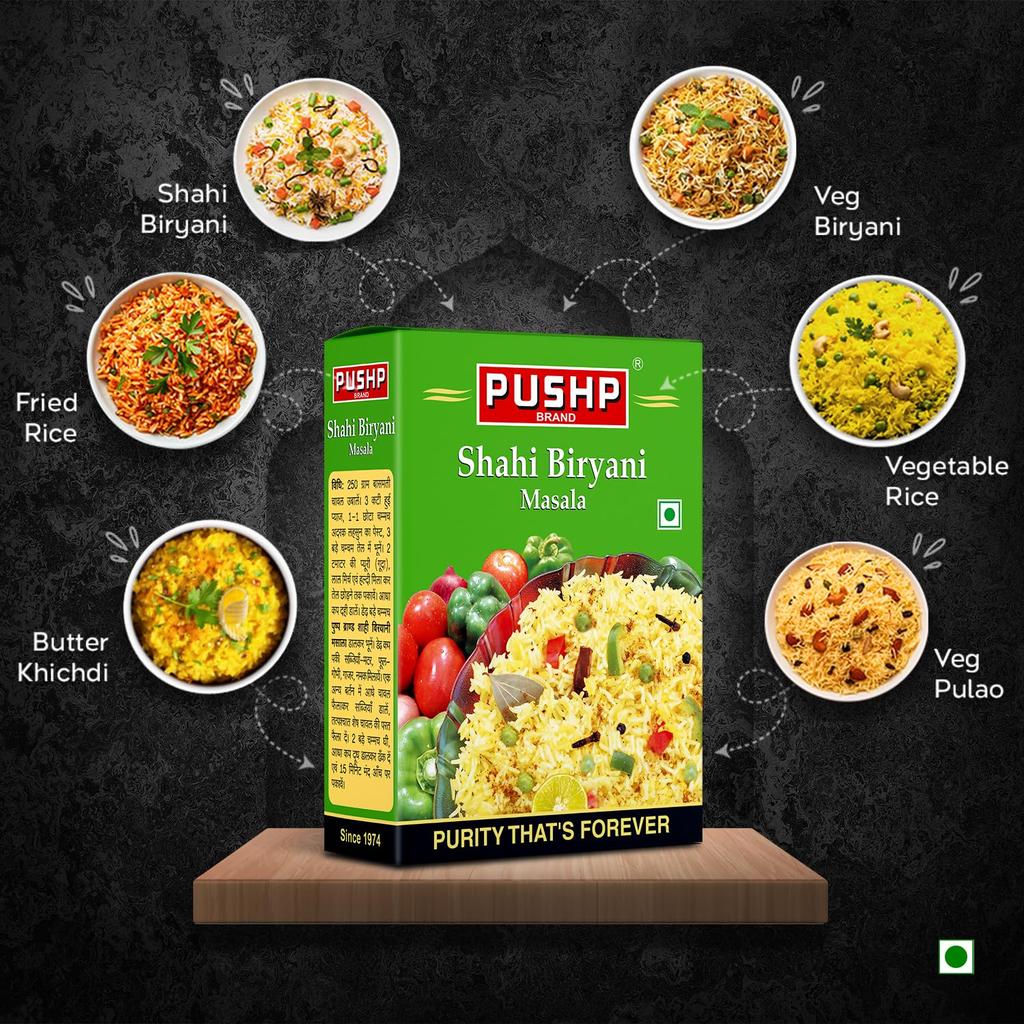 Pushp Brand Biryani Pulav Masala Blend Authentic Aromatic Spice Mix For Delicious Rice Dishes 50G Pack Of 1 Natural Seasoning