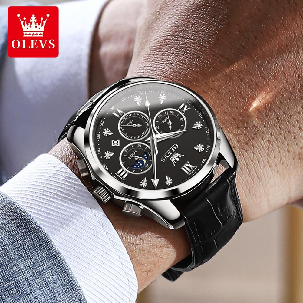 OLEVS 2888 Men's Watches Fashion Style Original Quartz Watch for Man Comfortable Leather Strap Waterproof Luminous Moon Phase