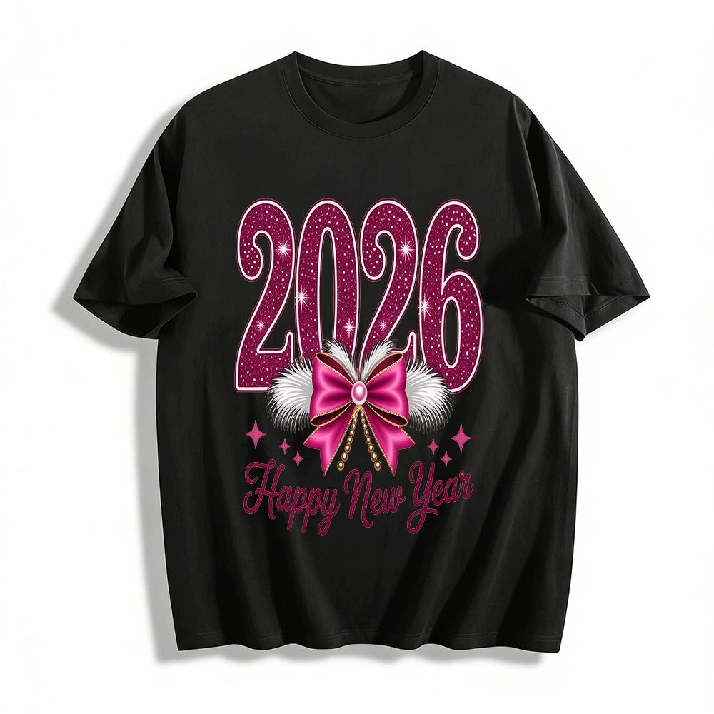 2026 Happy New Year Glitter Bow Print Casual Holiday Top Pure cotton T-shirt XXS