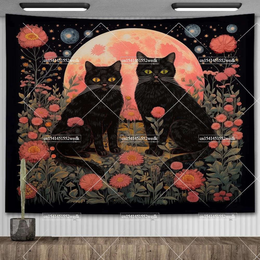 Black Cat Library Tapestry Wall Hanging Occult Witchy Altar Cloth Tarot Tapestrys Aesthetic Bedroom Decor Printed Tapestries