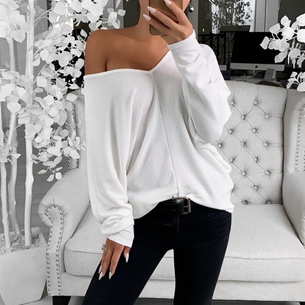 Simple Style Women Spring Fall Solid Color T-shirt Loose V-neck Casual Top